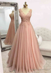 A-line V Neck Sleeveless Long/Floor-Length Tulle Glitter Prom Dress With Appliqued Beading